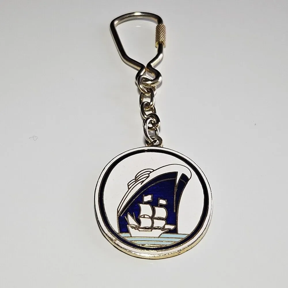 Vintage Enamel statendam Ship Oval gold tone Keychain Keyring